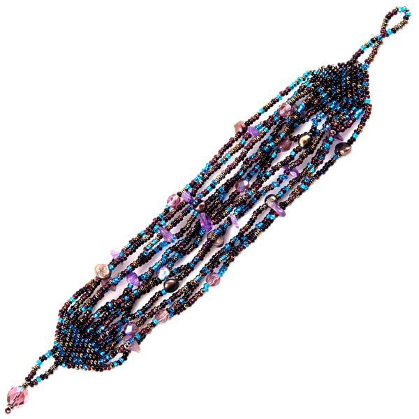 Speckles Beaded Bracelet 7-1/2" Purple/Blue/Bronze